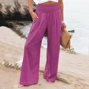 Женские повседневные брюки, плиссированные, эластичные, с высокой талией, прямые, широкие, длинные брюки с карманами, однотонные брюки в стиле бохо L белый