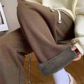 Женские повседневные брюки. Плюшевые и утепленные вельветовые брюки. Широкие брюки. Коричневые прямые брюки. Теплые, удобные, простые, однотонные, осень и зима. XXL белый