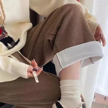 Женские повседневные брюки. Плюшевые и утепленные вельветовые брюки. Широкие брюки. Коричневые прямые брюки. Теплые, удобные, простые, однотонные, осень и зима. XXL белый