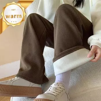 Женские повседневные брюки. Плюшевые и утолщенные вельветовые брюки. Широкие брюки. Коричневые прямые брюки. Теплые, удобные, простые, однотонные, осень и зима. M коричневый