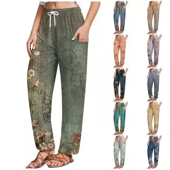 Женские повседневные брюки, повседневные брюки с эластичным шнурком и боковыми карманами с принтом XXL