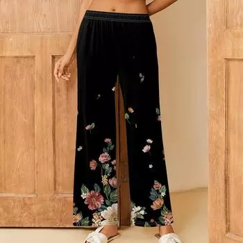 Женские повседневные брюки прямого кроя с эластичным поясом и принтом L чёрный