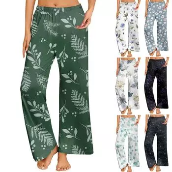 Женские повседневные брюки прямого кроя с эластичным поясом и принтом L чёрный