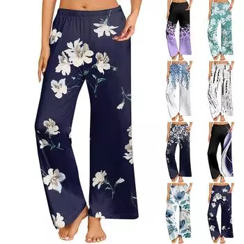 Женские повседневные брюки прямого кроя с эластичным поясом и принтом L чёрный