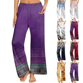 Женские повседневные брюки прямого кроя с эластичным поясом и принтом L синий