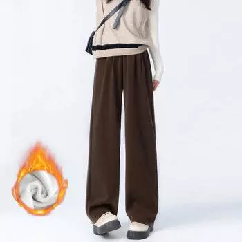 Женские повседневные брюки прямого кроя с флисовой подкладкой, осенне-зимние, утолщенные мешковатые вельветовые брюки, эластичные спортивные брюки с высокой талией S чёрный