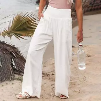 Женские повседневные брюки, прямые брюки с талией, однотонные широкие брюки, длинные широкие эластичные цветные брюки свободного покроя с M белый