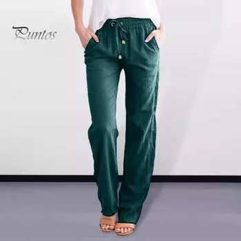 Женские повседневные брюки, прямые широкие брюки, однотонные длинные брюки с карманами, эластичная талия, регулируемые походные брюки на шнурке L темно-синий