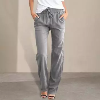 Женские повседневные брюки, прямые широкие брюки, однотонные длинные брюки с карманами, эластичная талия, регулируемые походные брюки на шнурке L