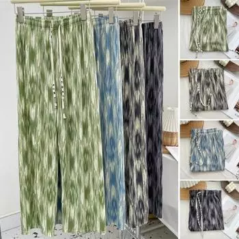 Женские повседневные брюки, прямые широкие брюки с чернильным принтом, длинные брюки с эластичной резинкой на талии, тонкий регулируемый шнурок серый