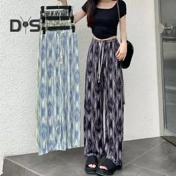 Женские повседневные брюки, прямые широкие брюки с чернильным принтом, длинные брюки с эластичной резинкой на талии, тонкие походные брюки с регулируемым шнурком серый