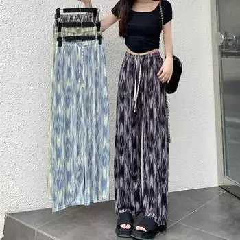 Женские повседневные брюки, прямые широкие брюки с чернильным принтом, длинные брюки с эластичной резинкой на талии, тонкие походные брюки с регулируемым шнурком One Size синий