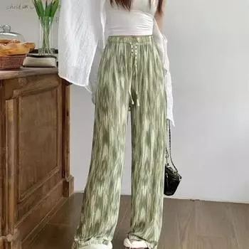 Женские повседневные брюки, прямые широкие брюки с чернильным принтом, длинные брюки с эластичной резинкой на талии, тонкие походные брюки с регулируемым шнурком серый
