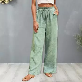 Женские повседневные брюки, прямые широкие брюки, свободные длинные брюки с эластичной резинкой на талии и регулируемым шнурком, брюки для отдыха, уличная одежда XS чёрный