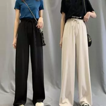 Женские повседневные брюки с эластичной кулиской и высокой талией, широкие длинные брюки, однотонные тонкие брюки для отдыха синий