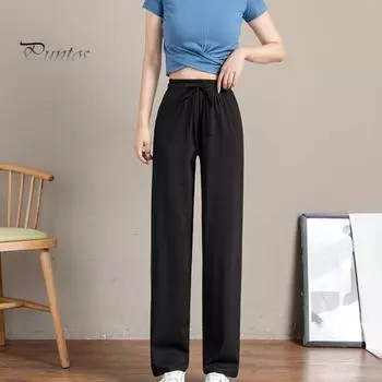Женские повседневные брюки с эластичной кулиской и высокой талией, широкие длинные брюки, однотонные тонкие брюки для отдыха синий