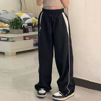 Женские повседневные брюки с эластичной резинкой и высокой талией, прямые широкие длинные брюки, спортивные брюки с карманами контрастного цвета, уличная одежда L чёрный