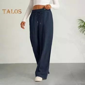 Женские повседневные брюки с эластичной резинкой и высокой талией, регулируемые на шнурке, прямые широкие брюки с карманами, однотонные длинные брюки M хаки