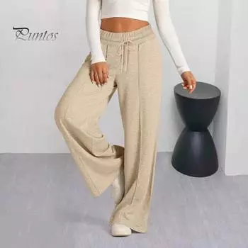 Женские повседневные брюки с эластичной резинкой и высокой талией, регулируемые на шнурке, прямые широкие брюки с карманами, однотонные длинные брюки S хаки