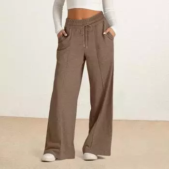 Женские повседневные брюки с эластичной резинкой и высокой талией, регулируемые на шнурке, прямые широкие брюки с карманами, однотонные длинные брюки S темно-синий