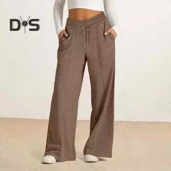 Женские повседневные брюки с эластичной резинкой и высокой талией, регулируемые на шнурке, прямые широкие брюки с карманами, однотонные длинные брюки S темно-синий