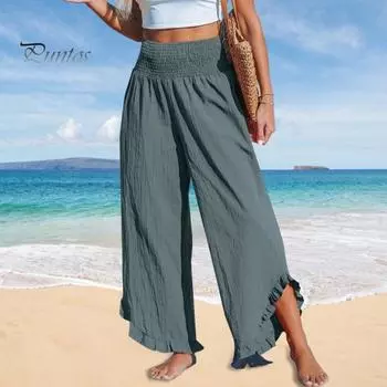 Женские повседневные брюки с эластичной резинкой и высокой талией, широкие брюки с рюшами и манжетами, длинные брюки, однотонные свободные пляжные брюки, уличная одежда XL армия зеленый