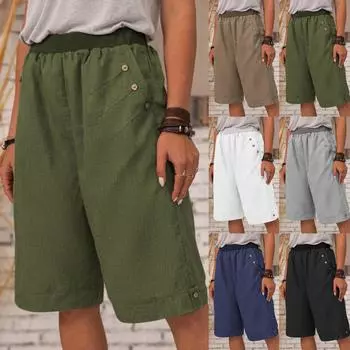 Женские повседневные брюки с эластичной резинкой на талии и прямыми карманами, летние льняные шорты XXXL