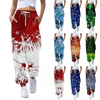 Женские повседневные брюки с эластичной резинкой на талии и кулиской с рождественским принтом L синий
