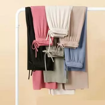 Женские повседневные брюки с эластичной резинкой на талии, длинные брюки, сплошной цвет, широкие брюки, ледяной шелк M чёрный