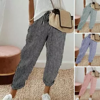Женские повседневные брюки с эластичной резинкой на талии и завязками на талии, шаровары с карманами в вертикальную полоску с принтом, пляжные офисные магазины, повседневные длинные брюки L синий