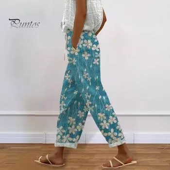 Женские повседневные брюки с эластичной резинкой на талии, шаровары с цифровым цветочным принтом, пляжные офисные повседневные длинные брюки для покупок S синий
