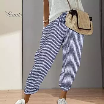 Женские повседневные брюки с эластичной резинкой на талии и завязками на талии, шаровары с карманами в вертикальную полоску с принтом, пляжные офисные магазины, повседневные длинные брюки L синий
