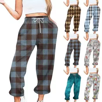 Женские повседневные брюки с эластичной резинкой на талии и кулиской с принтом в клетку L синий