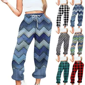 Женские повседневные брюки с эластичной резинкой на талии и кулиской с принтом в клетку L чёрный