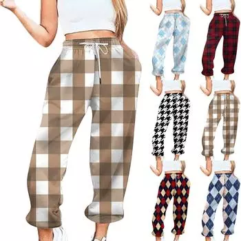 Женские повседневные брюки с эластичной резинкой на талии и кулиской с принтом в клетку L чёрный