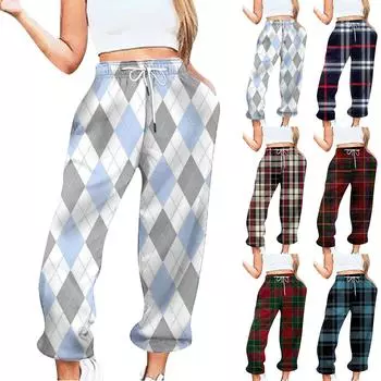 Женские повседневные брюки с эластичной резинкой на талии и кулиской с принтом в клетку L