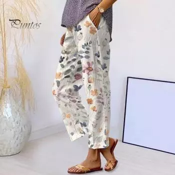 Женские повседневные брюки с эластичной резинкой на шнурке и высокой талией, прямые широкие брюки с цифровым цветочным принтом, пляжные офисные повседневные длинные брюки L синий