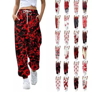 Женские повседневные брюки с эластичной резинкой на талии и кулиской с принтом L винный