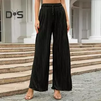 Женские повседневные брюки с эластичной резинкой на талии, длинные брюки с регулируемым шнурком, плиссированные тканевые свободные брюки, уличная одежда 2XL чёрный