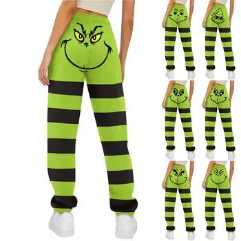 Женские повседневные брюки с эластичной резинкой на талии и кулиской с рождественским принтом S зелёный