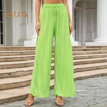 Женские повседневные брюки с эластичной резинкой на талии, длинные брюки с регулируемым шнурком, плиссированные тканевые свободные брюки, уличная одежда 2XL чёрный