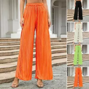 Женские повседневные брюки с эластичной резинкой на талии, длинные брюки с регулируемым шнурком, плиссированные тканевые свободные брюки, уличная одежда 2XL чёрный