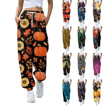 Женские повседневные брюки с эластичной резинкой на талии и кулиской с принтом XXXL серый