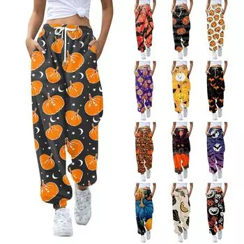 Женские повседневные брюки с эластичной резинкой на талии и кулиской с принтом XL синий