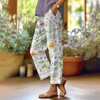 Женские повседневные брюки с эластичной резинкой на шнурке и высокой талией, прямые широкие брюки с цифровым цветочным принтом, пляжные офисные повседневные длинные брюки L синий
