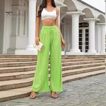 Женские повседневные брюки с эластичной резинкой на талии, длинные брюки с регулируемым шнурком, плиссированные тканевые свободные брюки, уличная одежда 2XL чёрный