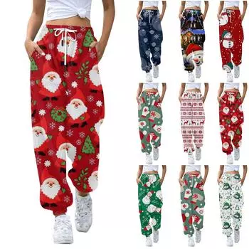 Женские повседневные брюки с эластичной резинкой на талии и кулиской с рождественским принтом S синий