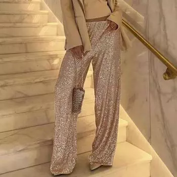 Женские повседневные брюки с эластичной талией и средней посадкой, прямые, широкие, длинные брюки с блестящими пайетками, брюки в пригородном стиле S золотистый
