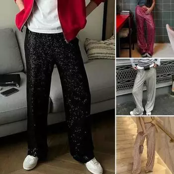 Женские повседневные брюки с эластичной талией и средней посадкой, прямые, широкие, длинные брюки с блестящими пайетками, брюки в пригородном стиле S серый