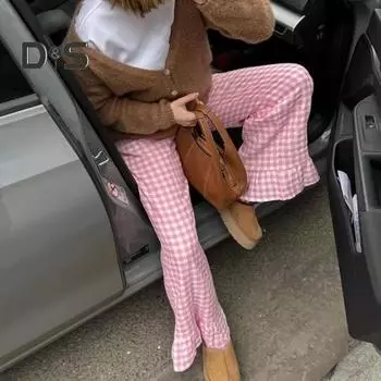 Женские повседневные брюки с эластичной талией, клетчатый принт, длинные брюки с рюшами по краю, прямые широкие брюки S розовый